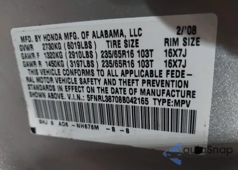 2008 Honda Odyssey Ex-L from USA, damaged, VIN 5FNRL38708B042165